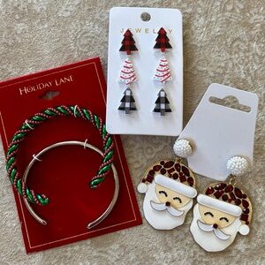Brand New Christmas Set Santa Earrings Bangle Bracelets Little Debbie Tree Posts